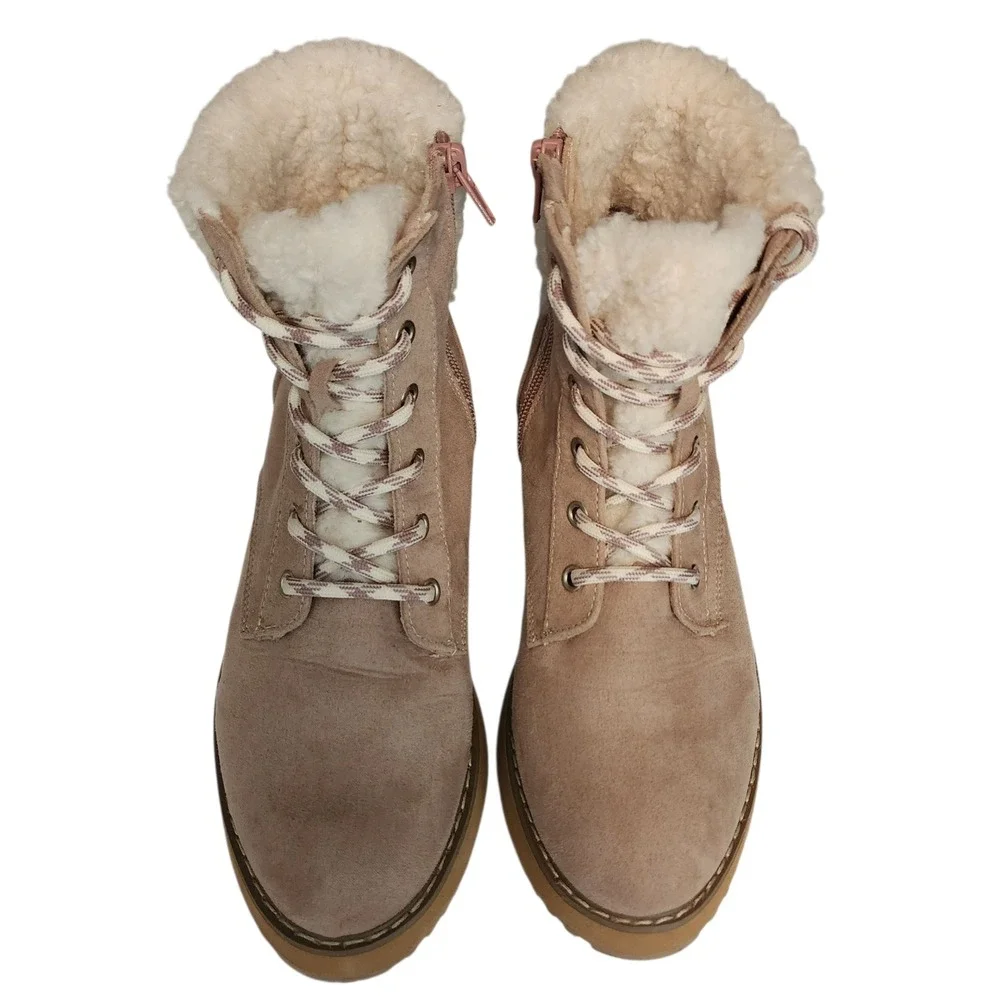 Madden Girl Boots sz 4‎ Girls 5.5 Wom KIMBER Hike Combat Beige Faux Suede Sherpa